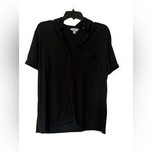 Nicole Miller Black Short Sleeve Ribbed Button Down Pajama Top